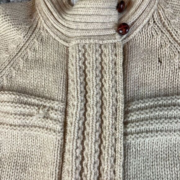 Vintage Cable Knit Cardigan Sweater Mens Womens Medium M Beige Pure Wool 70s 80s - Picture 5 of 16
